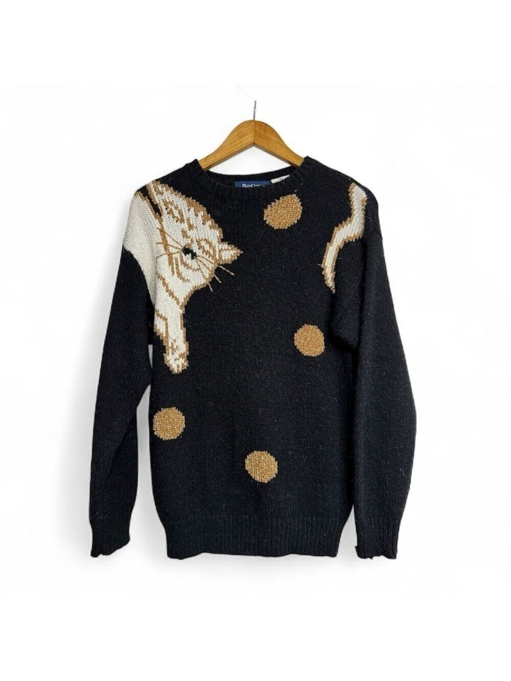 Bay Club Vintage Cat Sweater Metallic Knit Black Gold Small